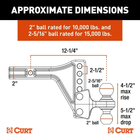 CURT Adjustable Dual Ball Hitch with 2" Shank and Chrome Lock for 3" Receiver