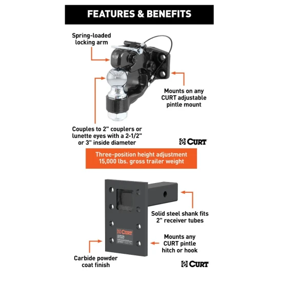 CURT 15K Pintle Hitch & 2 inch Trailer Ball Combo with Adjustable Pintle Mount