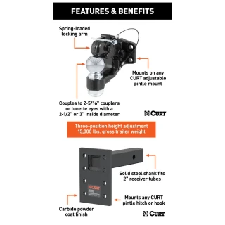 CURT 16K Pintle Hitch 2-5/16 Ball Combo with Adjustable Mount for 2 in Receiver