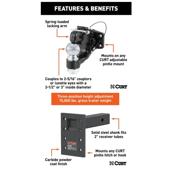 CURT 16K Pintle Hitch 2-5/16 Ball Combo with Adjustable Mount for 2 in Receiver