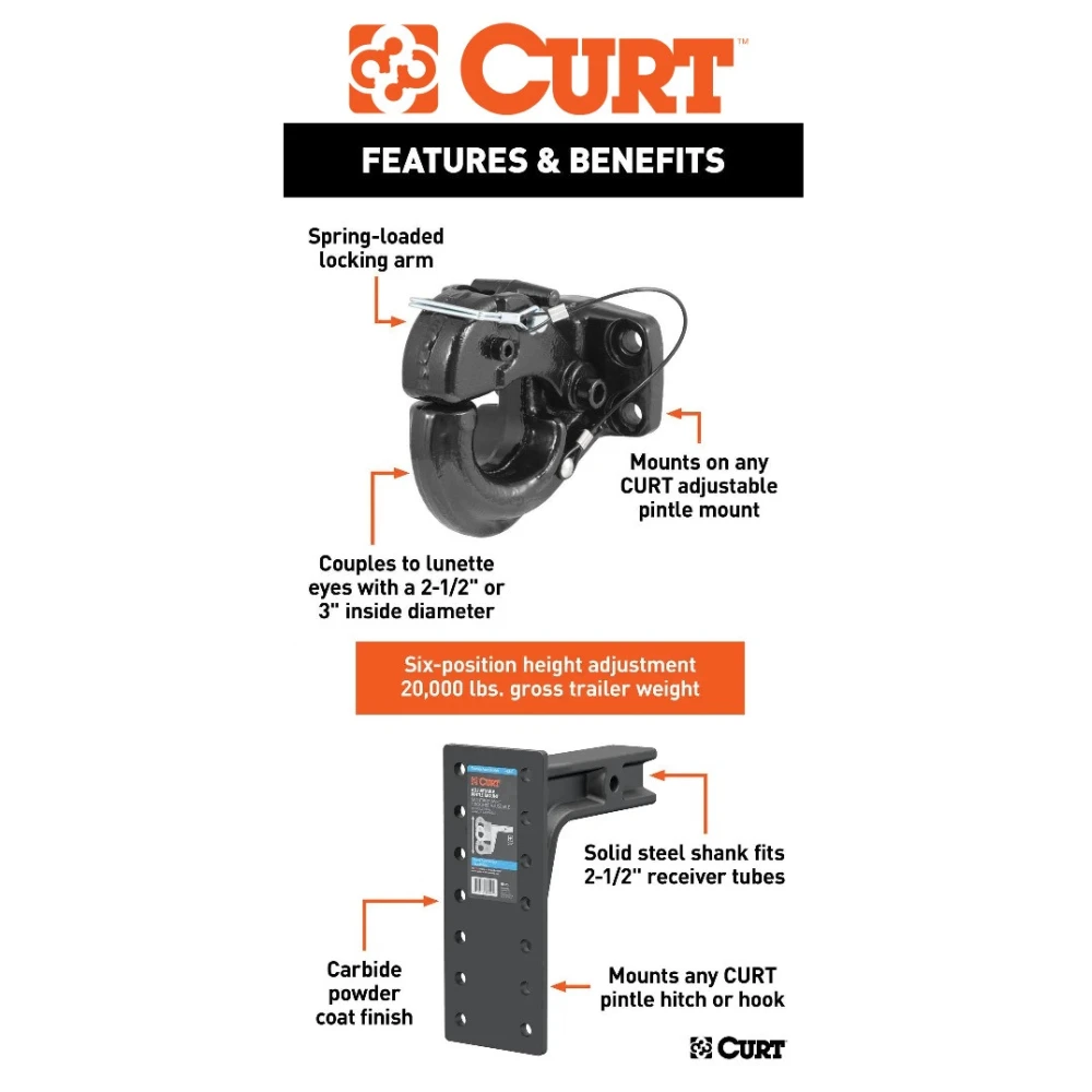 CURT 30K Pintle Hook and 20K Adjustable Pintle Mount for 2-1/2 Inch Hitch – Heavy Duty