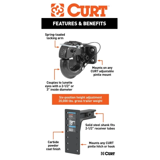 CURT 30K Pintle Hook and 20K Adjustable Pintle Mount for 2-1/2 Inch Hitch – Heavy Duty