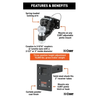 CURT 15K Pintle Hitch with 2-5/16 inch Ball Combo, 2 inch Adjustable Mount