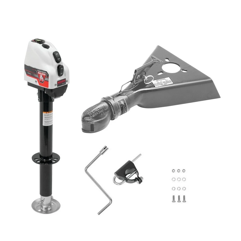 Bulldog 4K electric A-frame trailer jack with 7,000 lb Collar-Lok coupler bundle