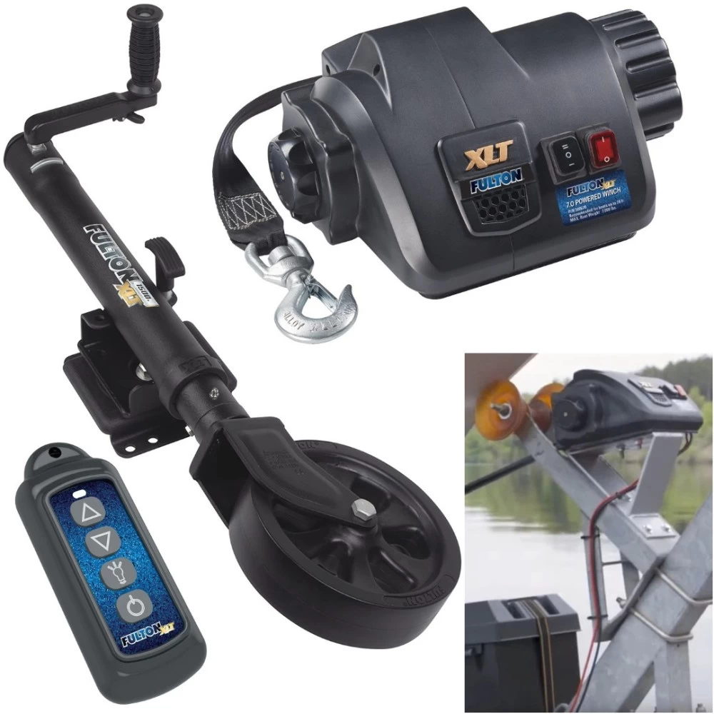 Fulton Electric Powered XLT Boat Trailer Winch 7K + Tactical Black Trailer Jack Sharkskin Saltwater Tested 1500 lbs 5 Year Warranty + Hardware Bolt-On Side Mount