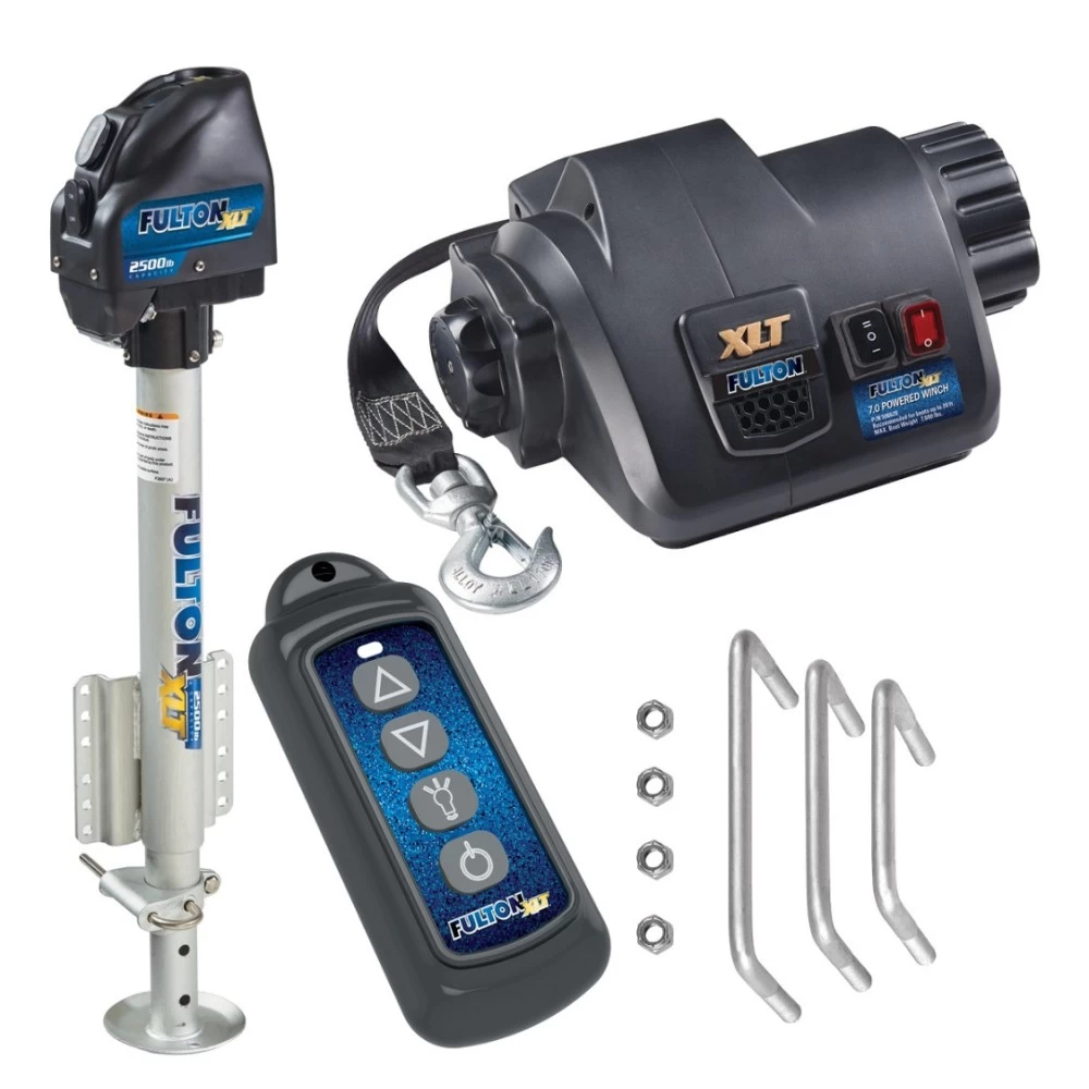 Fulton Electric Powered XLT Boat Trailer Winch 7K + XLT Powered Electric Trailer Jack 2500 lbs 5 Year Warranty + Hardware Bolt-On Side Mount