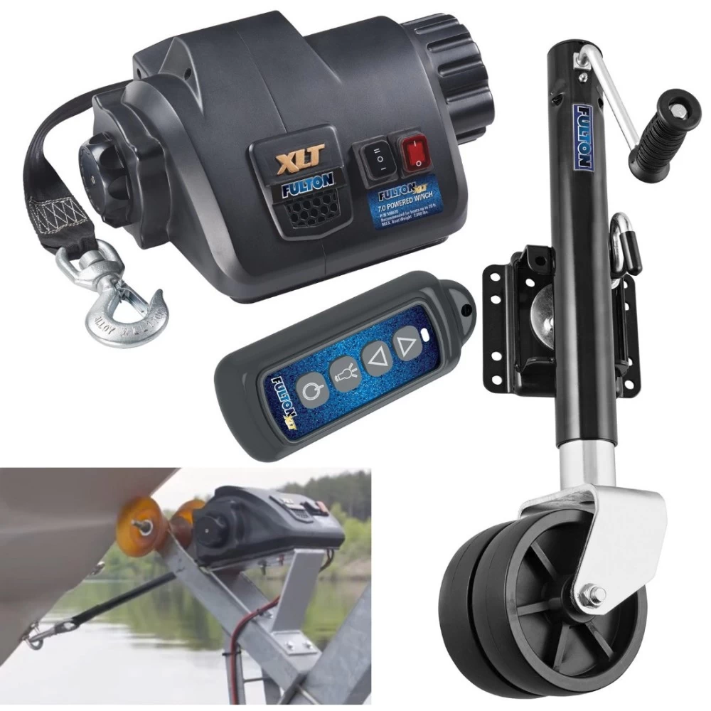Fulton Electric Powered XP Boat Trailer Winch 7K + XP Trailer Jack 1500 lbs Lift Dual Wheel 5 Year Warranty + Hardware Bolt-On Side Mount