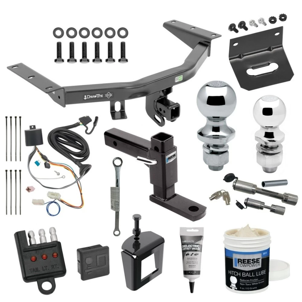 For 2016-2022 Honda Pilot Trailer Hitch Tow PKG w/ 4-Flat Wiring + Adjustable Drop Rise Ball Mount + 2" Ball + 1-7/8" Ball + Wiring Bracket + Hitch Cover + Dual Hitch & Coupler Locks + Wiring Tester + Ball Lube + Electric Grease + Ball Wrenc