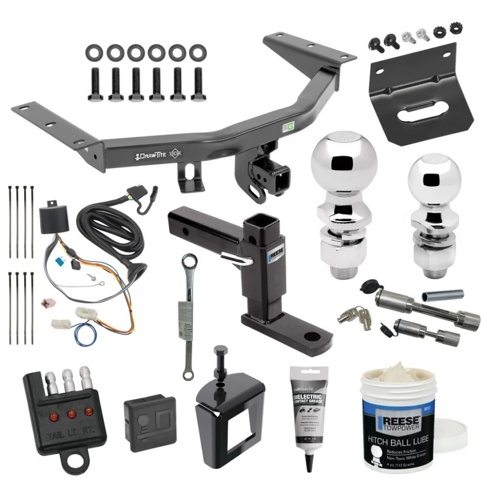 For 2016-2022 Honda Pilot Trailer Hitch Tow PKG w/ 4-Flat Wiring + Adjustable Drop Rise Ball Mount + 2" Ball + 2-5/16" Ball + Wiring Bracket + Hitch Cover + Dual Hitch & Coupler Locks + Wiring Tester + Ball Lube + Electric Grease + Ball Wren