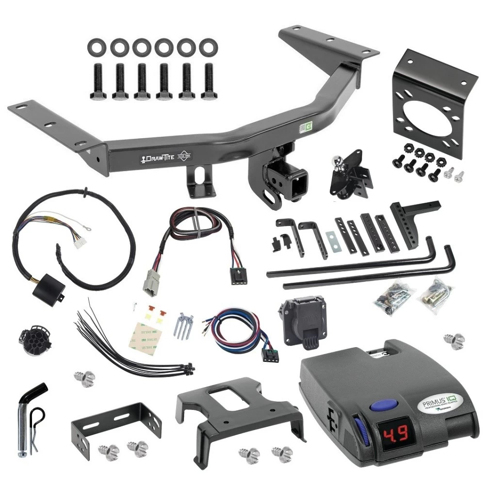 For 2014-2020 Acura MDX Trailer Hitch Tow PKG w/ 8K Round Bar Weight Distribution Hitch w/ 2-5/16" Ball + Pin/Clip + Tekonsha Primus IQ Brake Control + Plug & Play BC Adapter + 7-Way RV Wiring (Excludes: w/Full Size Spare Tire Models) By Draw-Tit