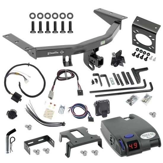 For 2014-2020 Acura MDX Trailer Hitch Tow PKG w/ 8K Round Bar Weight Distribution Hitch w/ 2-5/16" Ball + Pin/Clip + Tekonsha Primus IQ Brake Control + Plug & Play BC Adapter + 7-Way RV Wiring (Excludes: w/Full Size Spare Tire Models) By Draw-Tit
