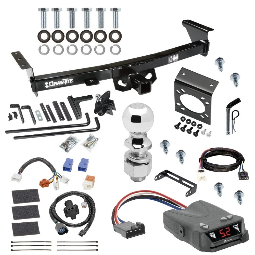 For 2005-2024 Nissan Frontier Trailer Hitch Tow PKG w/ 8K Round Bar Weight Distribution Hitch w/ 2-5/16" Ball + 2" Ball + Pin/Clip + Tekonsha Brakeman IV Brake Control + Plug & Play BC Adapter + 7-Way RV Wiring By Draw-Tite