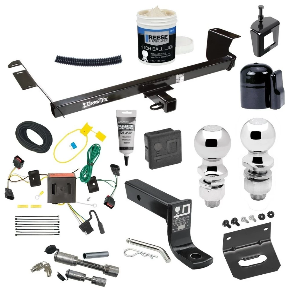 For 2008-2010 Dodge Grand Caravan Trailer Hitch Tow PKG w/ 4-Flat Wiring + Ball Mount w/ 4" Drop + 2" Ball + 2-5/16" Ball + Wiring Bracket + Dual Hitch & Coupler Locks + Hitch Cover + Wiring Tester + Ball Lube +Electric Grease + Ball Wr