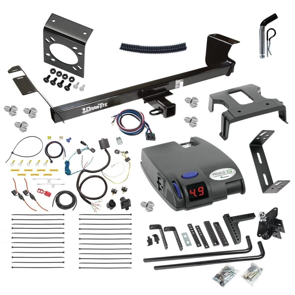 For 2011-2016 Chrysler Town & Country Trailer Hitch Tow PKG w/ 6K Round Bar Weight Distribution Hitch w/ 2-5/16" Ball + Pin/Clip + Tekonsha Primus IQ Brake Control + 7-Way RV Wiring By Draw-Tite