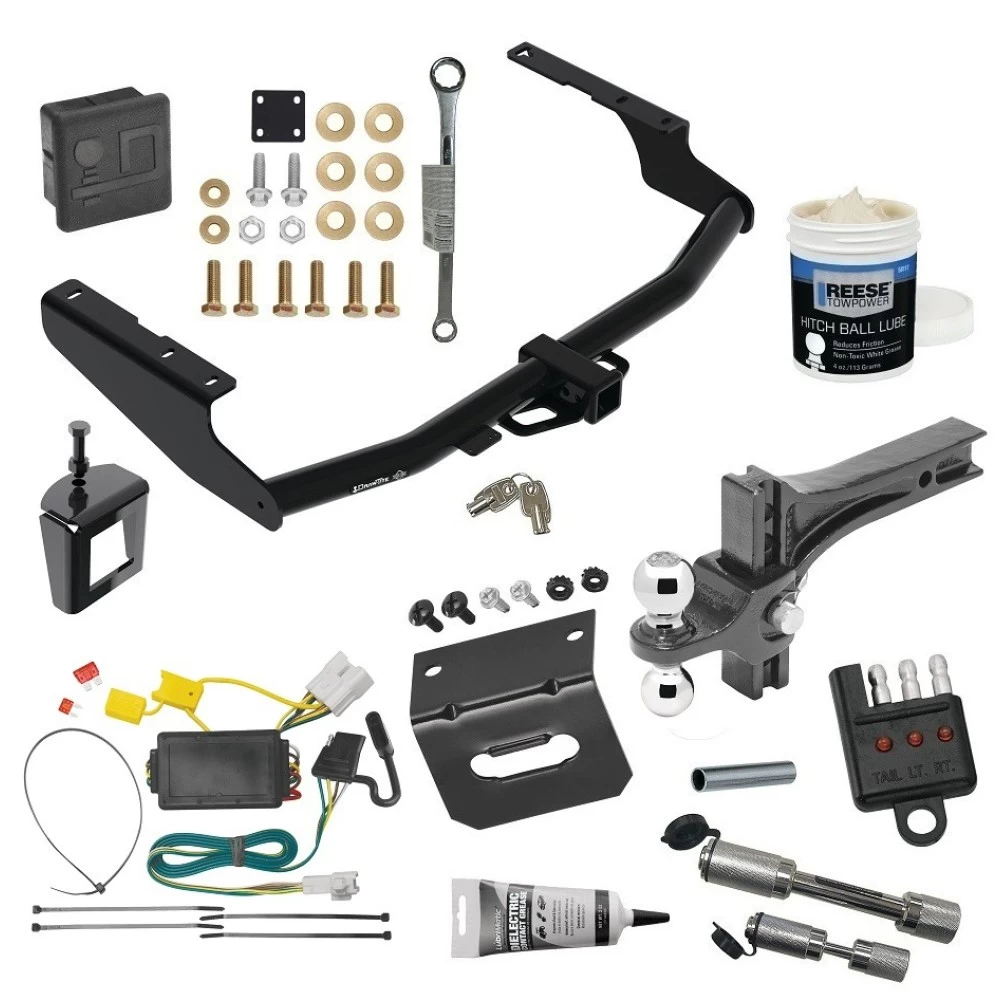 For 2014-2019 Toyota Highlander Trailer Hitch Tow PKG w/ 4-Flat Wiring + Dual Adjustable Drop Rise Ball Ball Mount 2" & 2-5/16" Trailer Balls + Wiring Bracket + Hitch Cover + Dual Hitch & Coupler Locks + Wiring Tester + Ball Lube + Elect