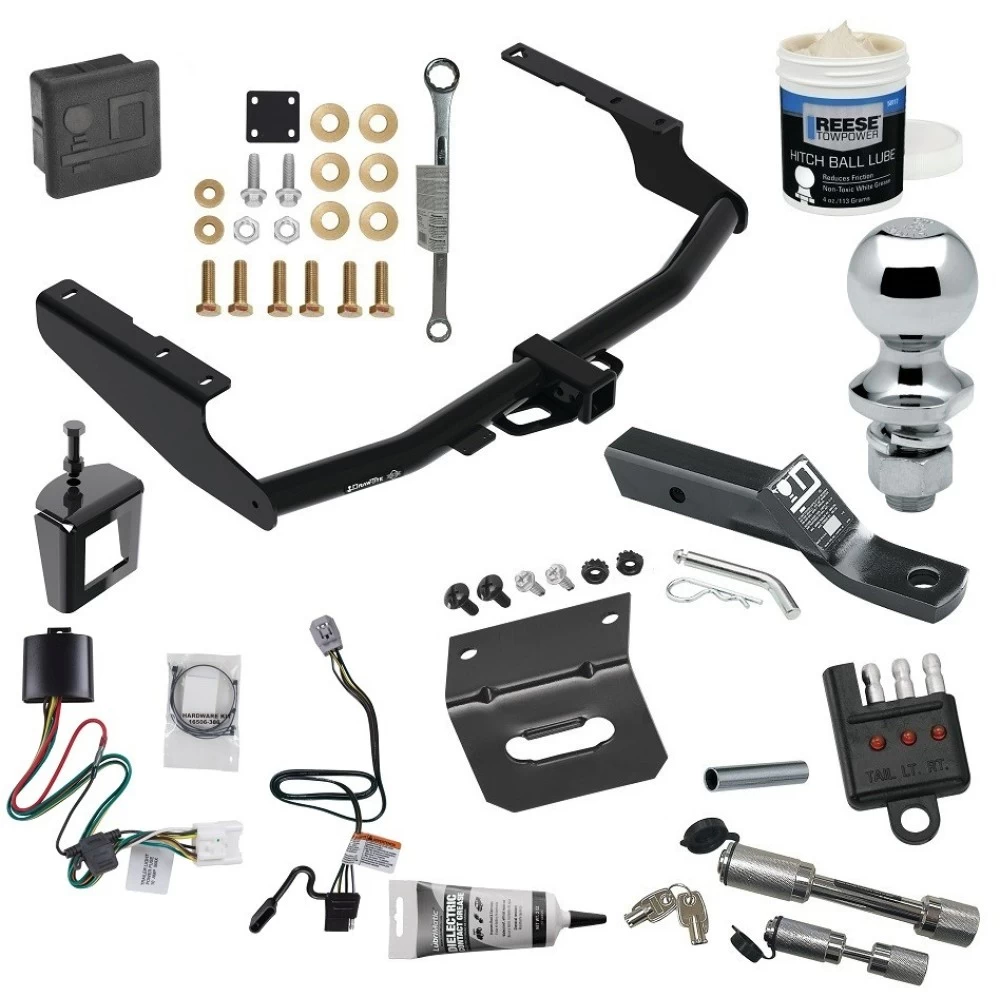 For 2020-2023 Toyota Highlander Trailer Hitch Tow PKG w/ 4-Flat Wiring + Ball Mount w/ 2" Drop + 1-7/8" Ball + Wiring Bracket + Hitch Cover + Dual Hitch & Coupler Locks + Wiring Tester + Ball Lube + Electric Grease + Ball Wrench + Anti Rattl