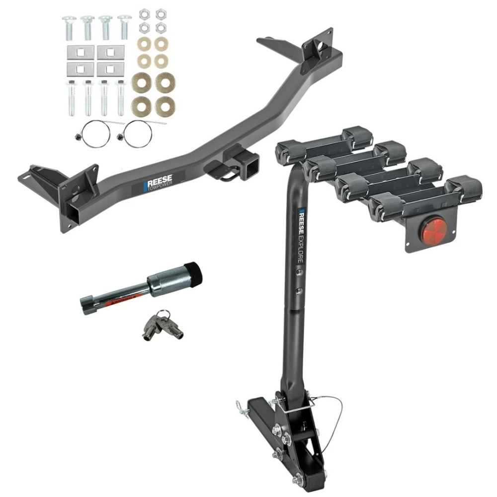 For 2018-2023 Chevrolet Traverse Trailer Hitch Tow PKG w/ 4 Bike Carrier Rack + Hitch Lock By Reese Towpower