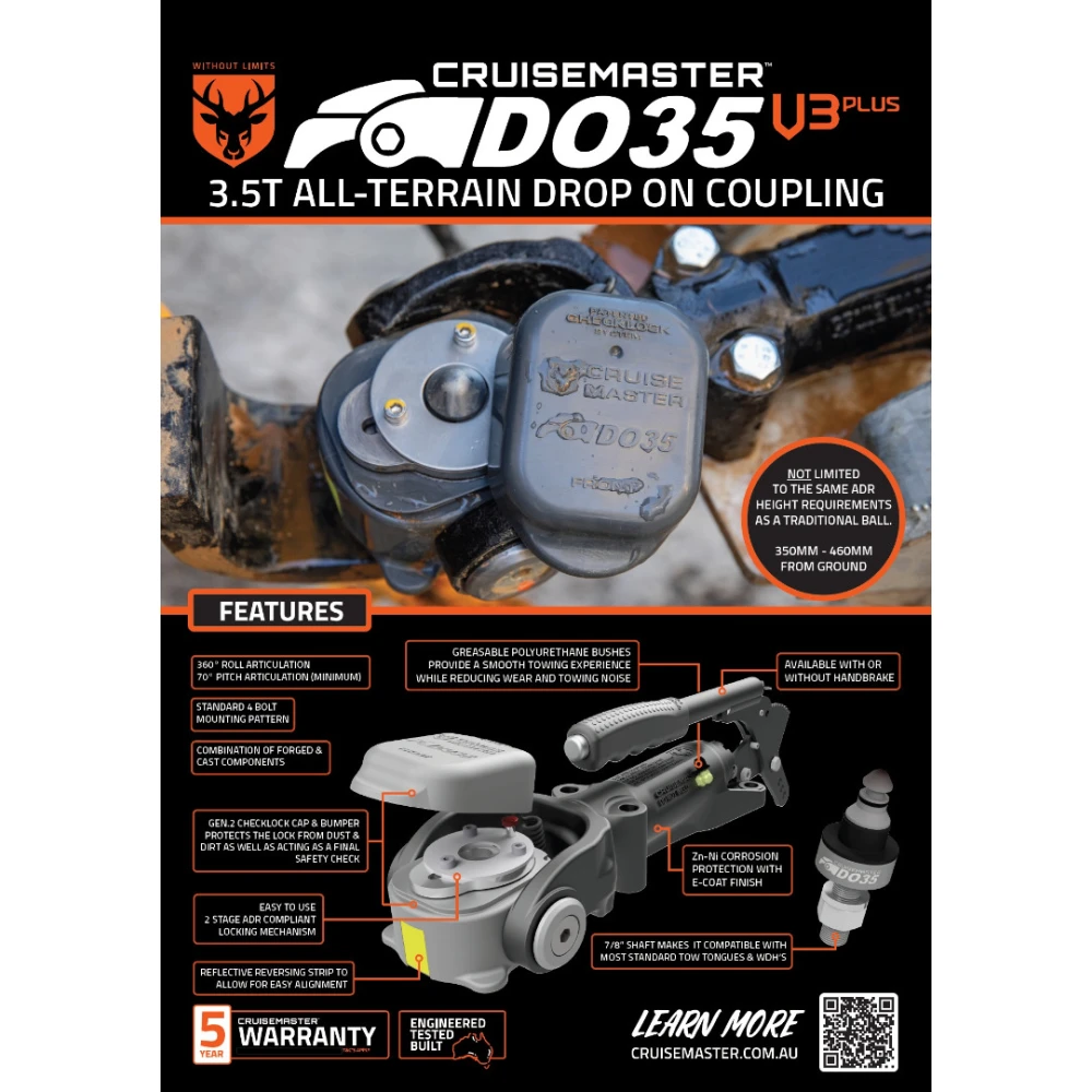 Cruisemaster DO35 V3Plus 3.5T articulating off-road trailer hitch coupler with handbrake CMDO35WHB