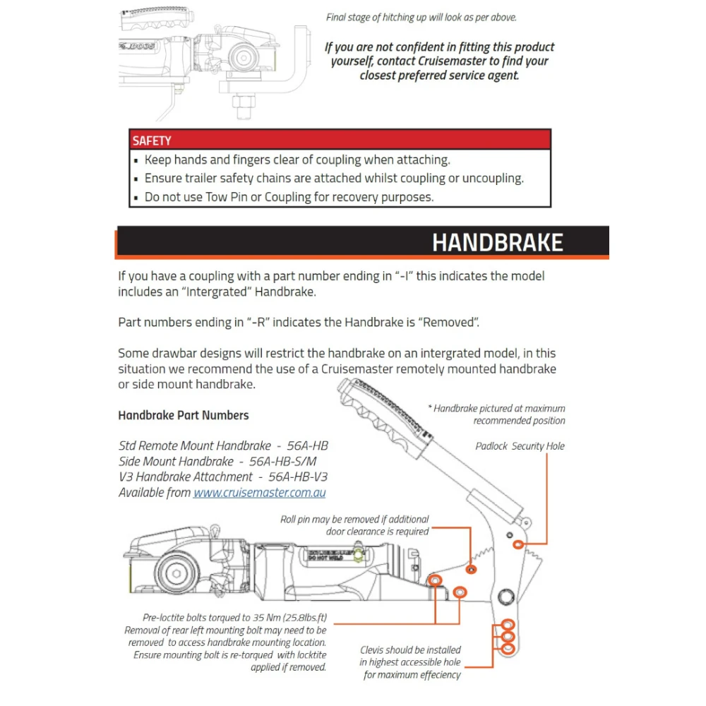 Cruisemaster DO35 V3Plus 3.5T articulating off-road trailer hitch coupler with handbrake CMDO35WHB
