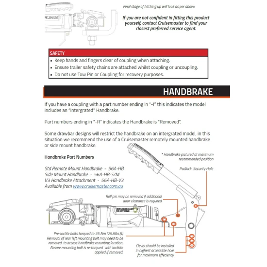 Cruisemaster DO35 V3Plus 3.5T articulating off-road trailer hitch coupler with handbrake CMDO35WHB