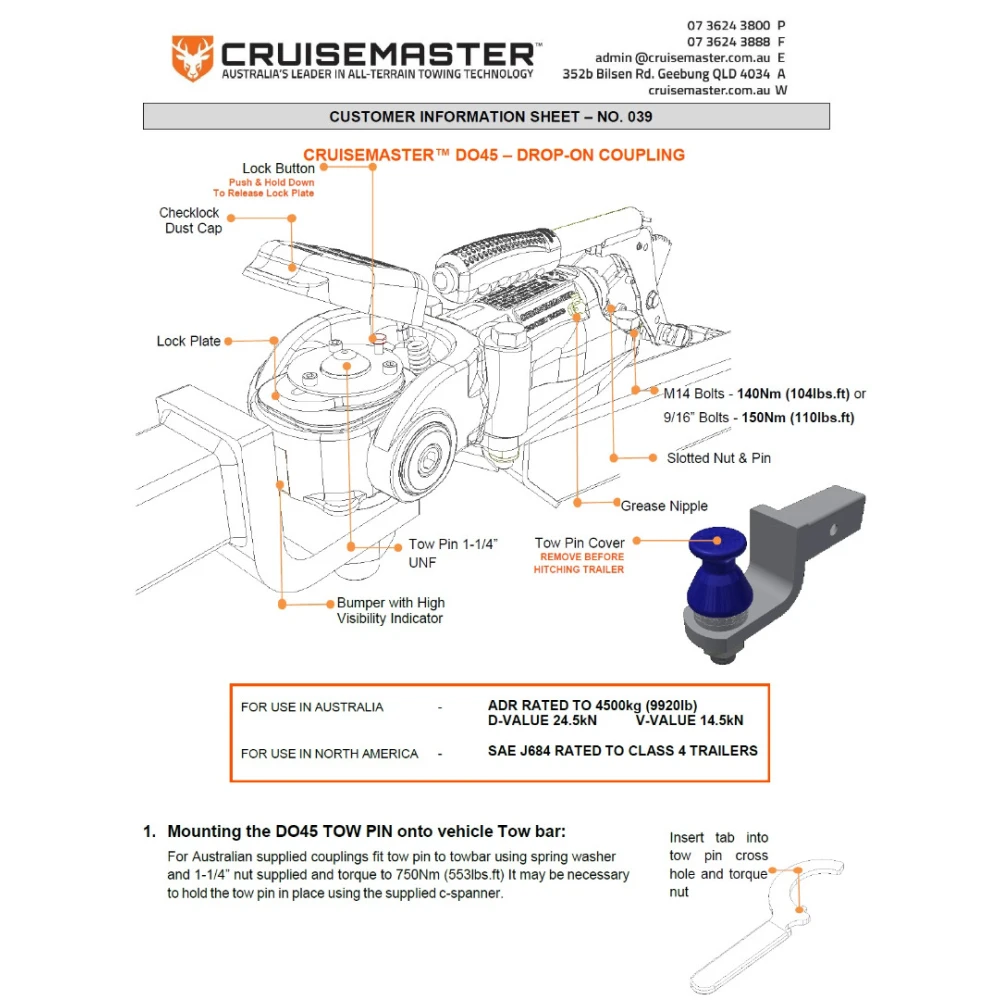 Cruisemaster DO45 Plus 4.5T articulating off-road trailer hitch coupler with handbrake CMDO45WHB