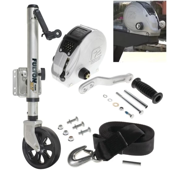 Fulton F2 Boat Trailer Winch Single-Speed 1600 lbs + XLT Trailer Jack Sharkskin Saltwater Tested 1500 lbs Lifetime Warranty + Hardware Bolt-On Side Mount
