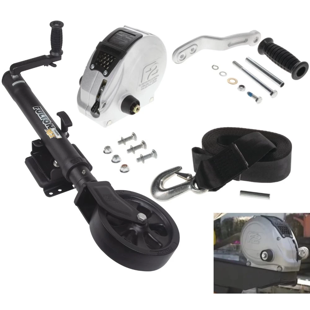 Fulton F2 Boat Trailer Winch Single-Speed 1600 lbs + XLT Tactical Black Trailer Jack Sharkskin Saltwater Tested 1500 lbs Lift Lifetime Warranty + Hardware Bolt-On Side Mount