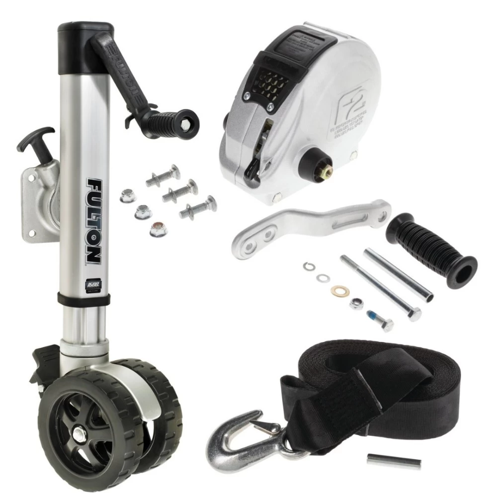 Fulton F2 Boat Trailer Winch Single-Speed 1600 lbs + F2 Trailer Jack 1600 lbs 12 in. Travel Lifetime Warranty + Hardware Bolt-On Side Mount
