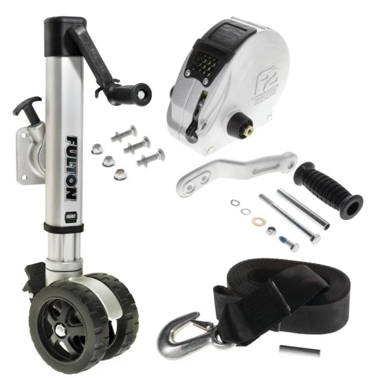 Fulton F2 Boat Trailer Winch Single-Speed 1600 lbs + F2 Trailer Jack 1600 lbs 12 in. Travel Lifetime Warranty + Hardware Bolt-On Side Mount