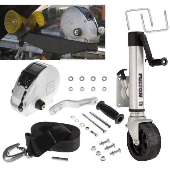 Fulton F2 Boat Trailer Winch Single-Speed 1600 lbs + Fulton F2 Trailer Jack 1600 lbs Lift Lifetime Warranty + Hardware Bolt-On Side Mount