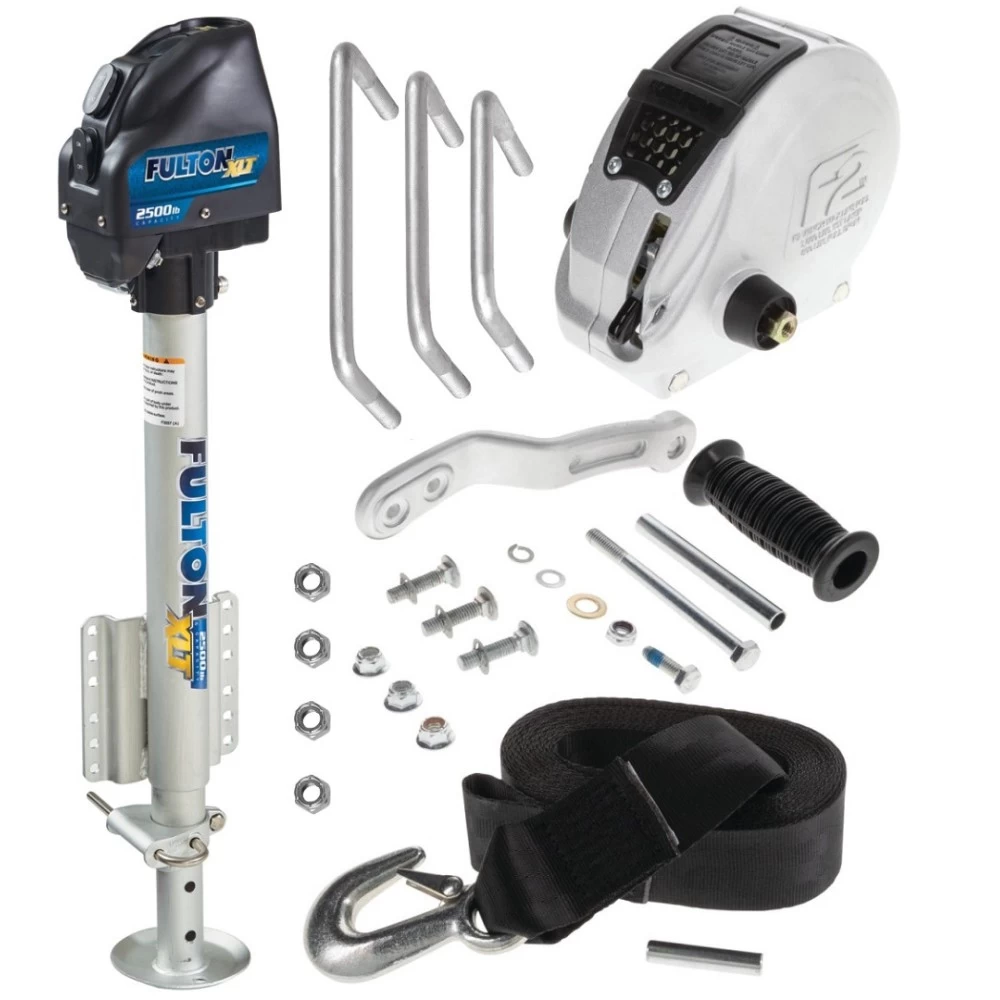 Fulton F2 Boat Trailer Winch Single-Speed 1600 lbs + XLT Powered Electric Trailer Jack 2500 lbs Lifetime Warranty + Hardware Bolt-On Side Mount