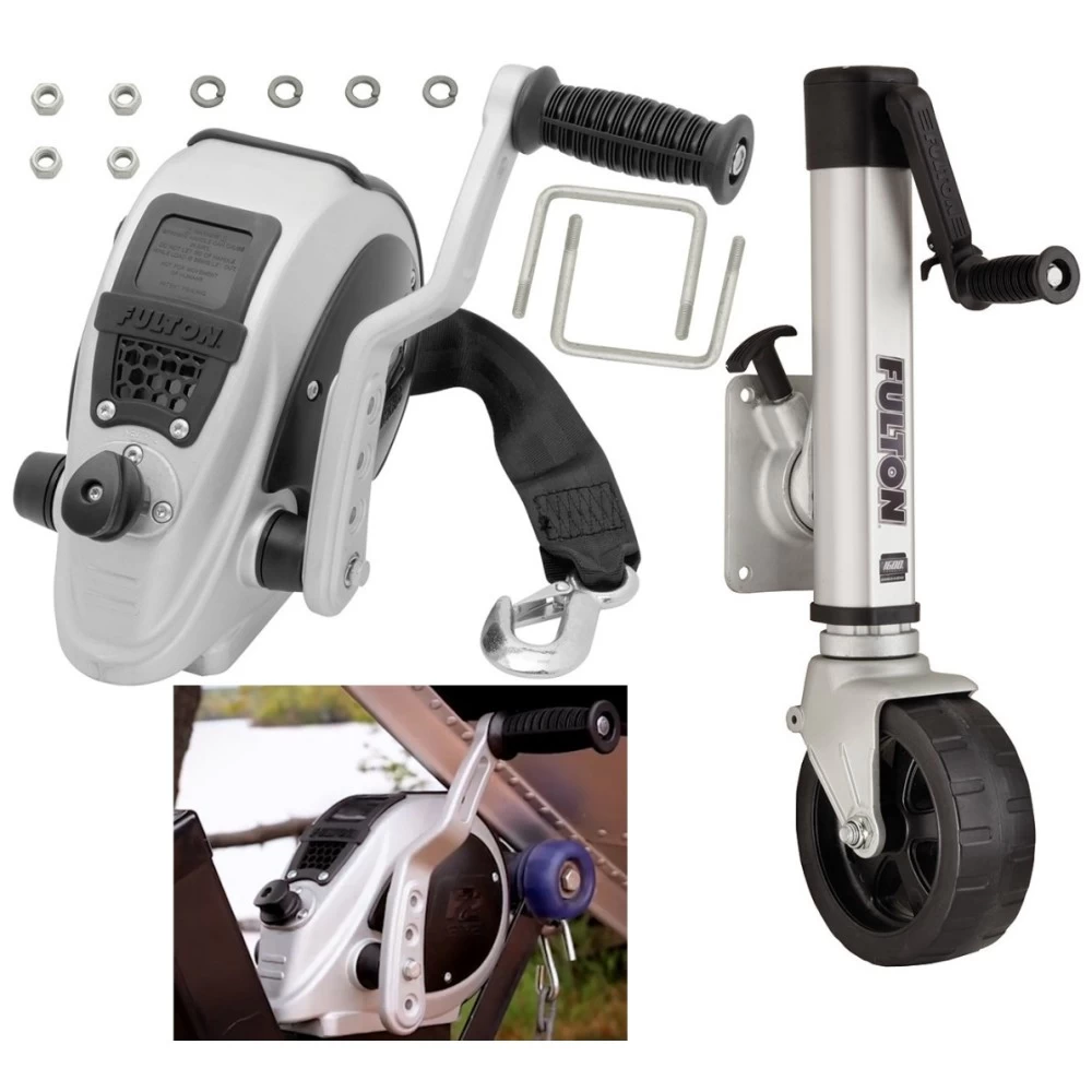 Fulton F2 Boat Trailer Winch Single-Speed 2000 lbs + F2 Trailer Jack 1600 lbs Lifetime Warranty + Hardware Bolt-On Side Mount