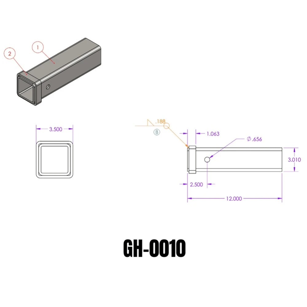 GEN‑Y 12in steel weld-on receiver tube with reinforced 3/4in collar for trailer hitch fabrication