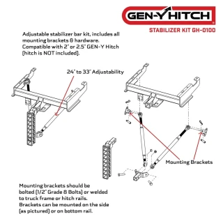 GEN-Y Adjustable Stabilizer Kit for 2" Receiver Drop Hitches – 10K 16K Capacity GEN-Y 10K 16K Adjustable Stabilizer Bar Kit for 2 Inch Hitch Receivers – GH-0100