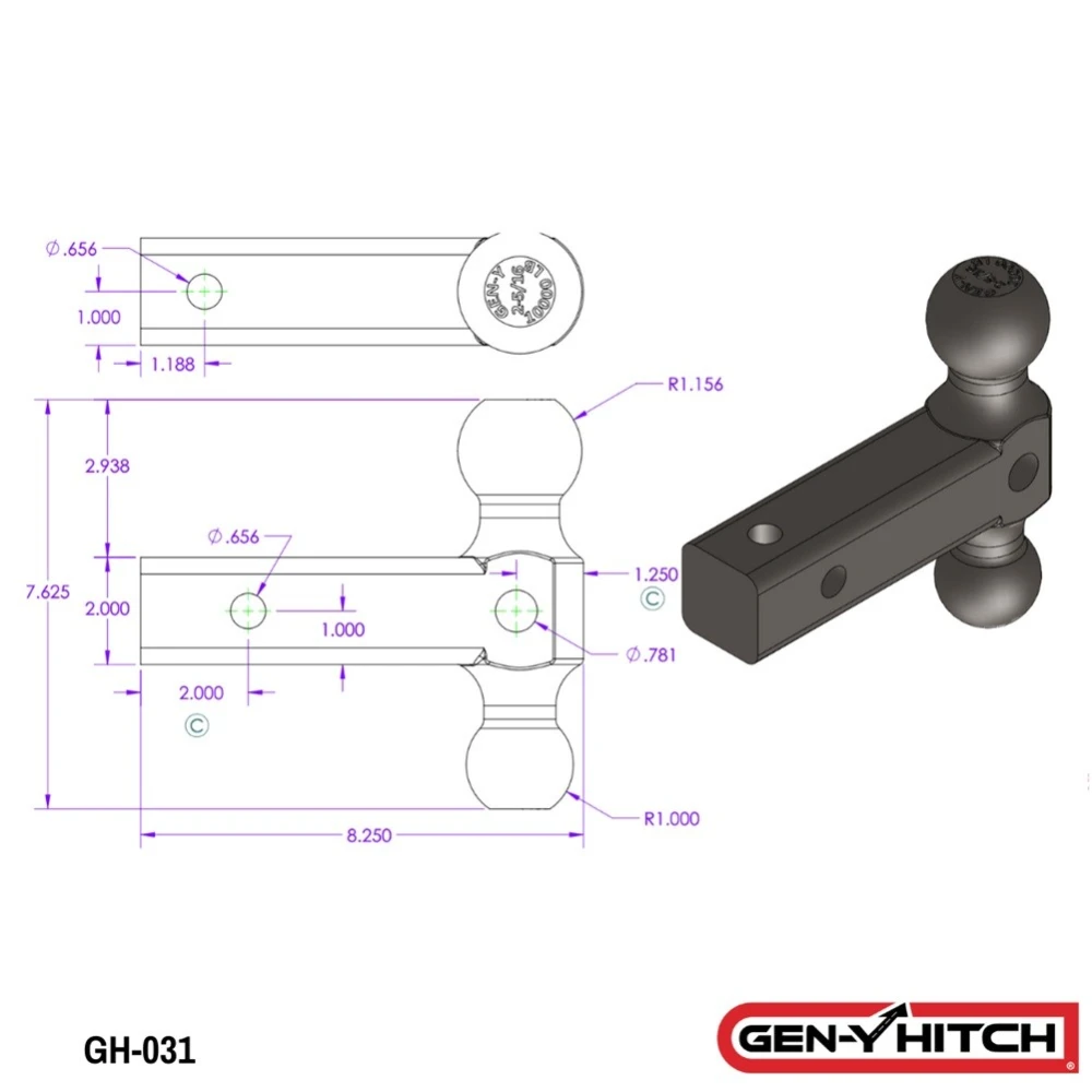 GEN-Y 10K Dual-Ball Mount 2-Inch Shank 1.5K TW Heavy Duty Adjustable Trailer Hitch