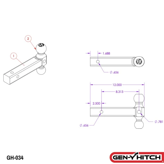 GEN-Y 10K Dual-Ball Mount 2 Inch Shank 12 Inch Length Adjustable Hitch