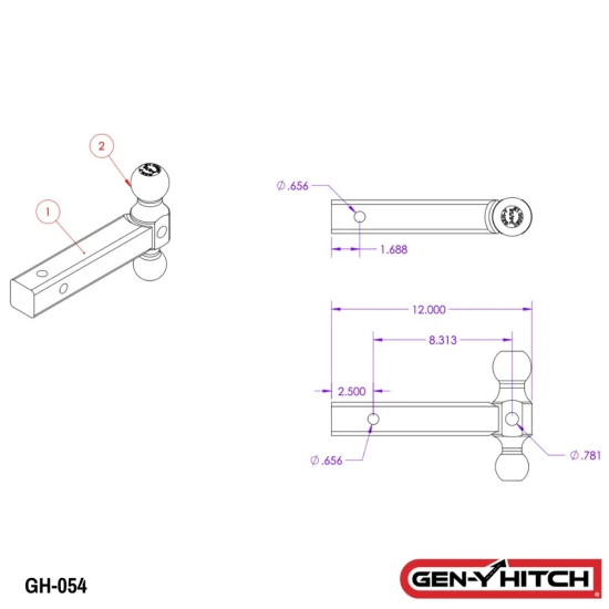 GEN-Y 16K Dual-Ball Hitch Mount with 2 Inch Shank and 12 Inch Extended Length