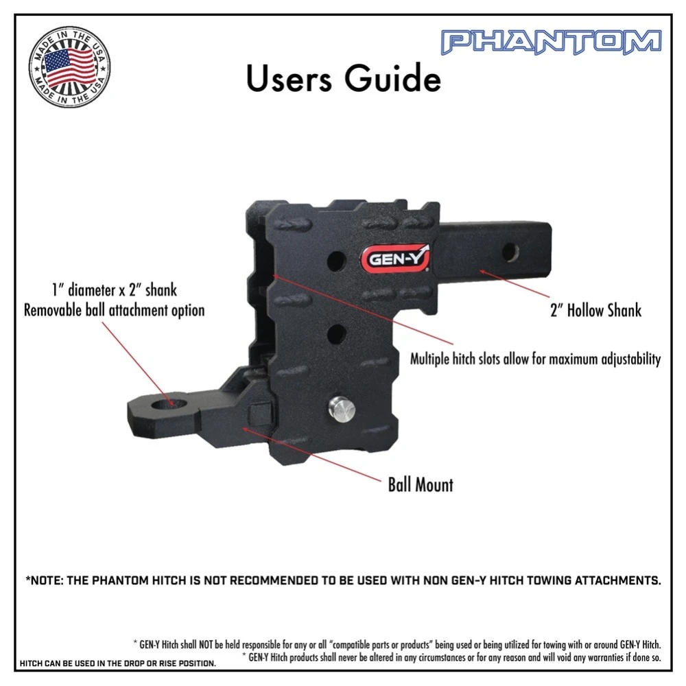 GEN‑Y Phantom 5K 2-inch hollow shank adjustable drop hitch with ball mount and pin