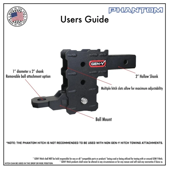GEN‑Y Phantom 5K 2-inch hollow shank adjustable drop hitch with ball mount and pin