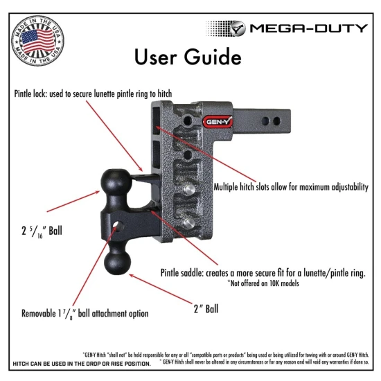 GEN-Y Mega-Duty 16K adjustable drop hitch with 2″ offset shank, silver-vein finish