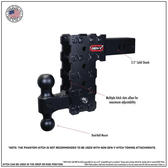 GEN‑Y Phantom‑X 16K 2.5 Inch Solid Shank 10 Inch Drop Hitch with Dual‑Ball and Pintle Lock