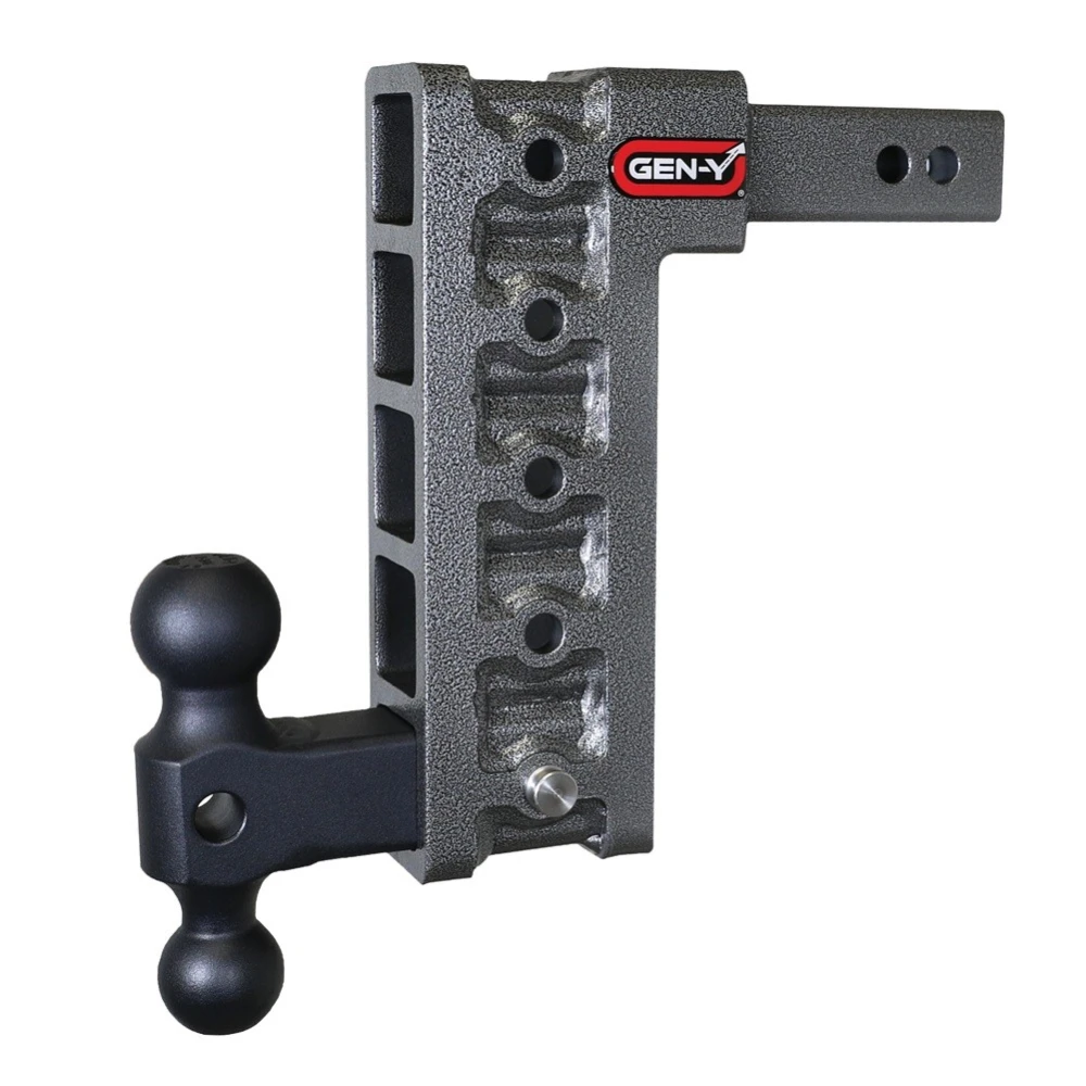 GEN-Y Mega-Duty 10K adjustable drop/rise trailer hitch with dual 2″ and 2-5/16″ balls, silver-vein powder coat