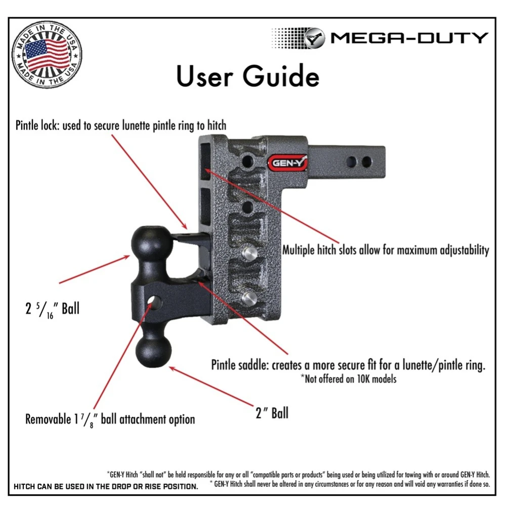 GEN-Y Mega-Duty 16K Adjustable Drop Hitch 12.5 Inch Drop 2 Inch Receiver Heavy Duty