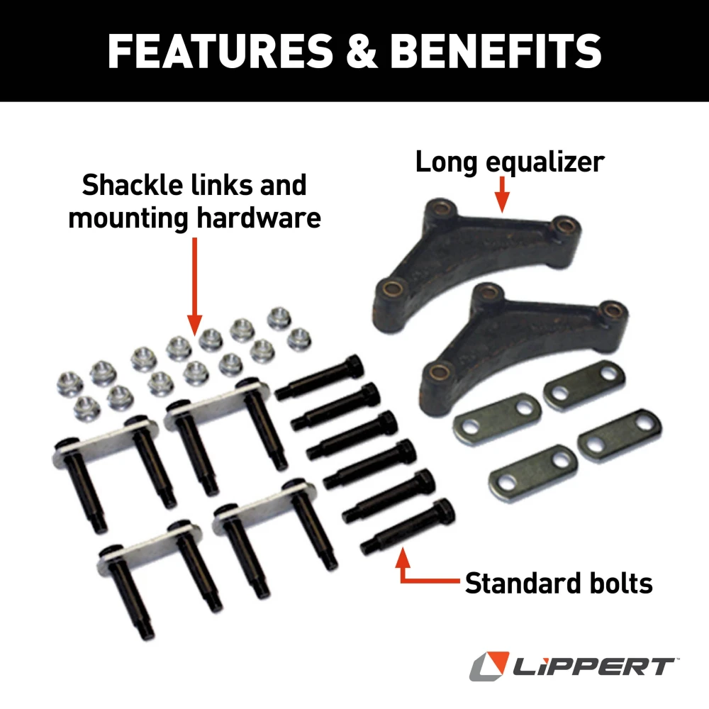 Lippert Replacement Trailer Axle AP Kit with shackle links, mounting hardware, and long equalizers