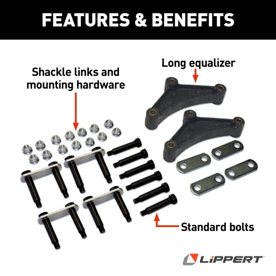Lippert Replacement Trailer Axle AP Kit with shackle links, mounting hardware, and long equalizers