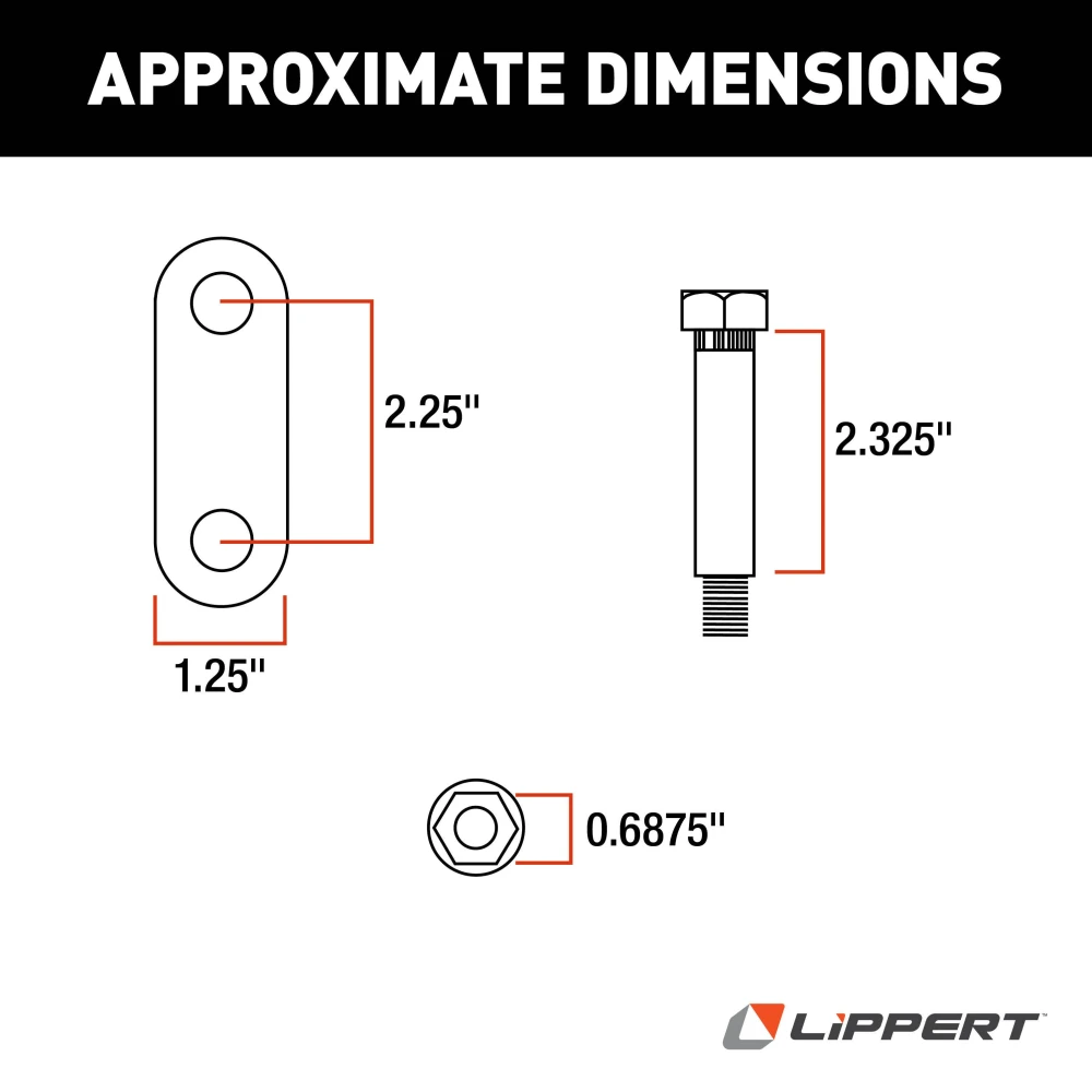 Lippert replacement trailer axle AP kit components including shackle assemblies, plates, bolts, and lock nuts.