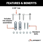 Lippert replacement trailer axle AP kit components including shackle assemblies, plates, bolts, and lock nuts.