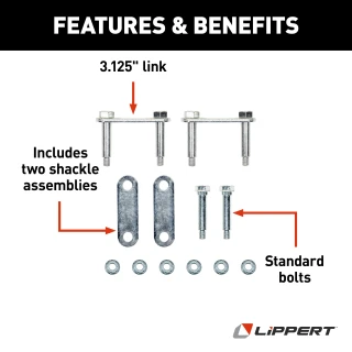 Lippert replacement trailer axle AP kit components including shackle assemblies, plates, bolts, and lock nuts.