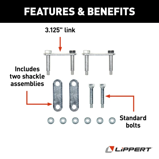 Lippert replacement trailer axle AP kit components including shackle assemblies, plates, bolts, and lock nuts.