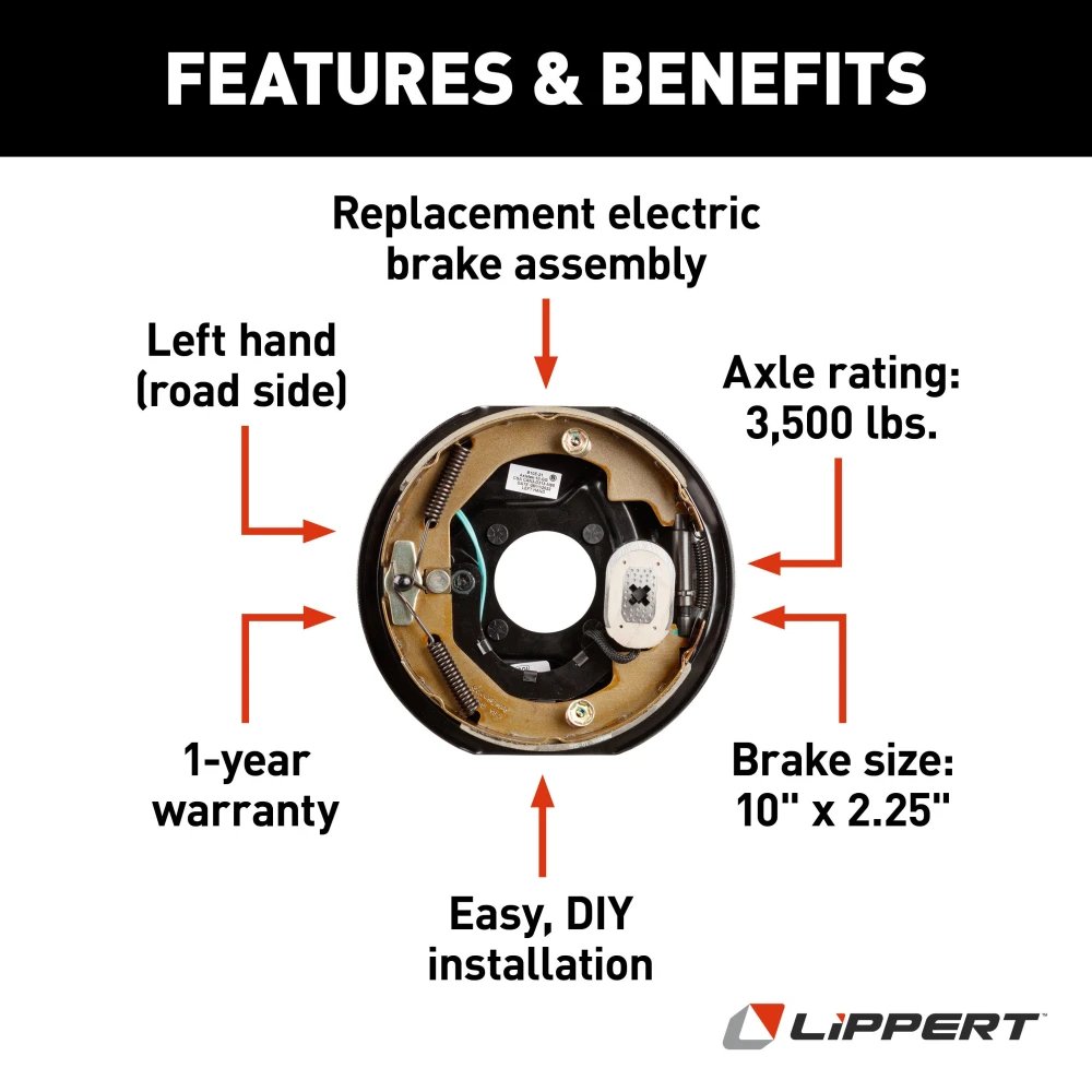 Lippert Left Hand 10 x 2.25 Inch Electric Brake Assembly Lippert replacement electric brake assembly for RVs, left hand, 10 x 2.25 inches